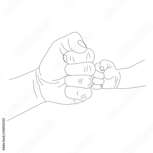 hands of father and child in fist, concept of power of two generations, fist of father and son, illustration for father's day