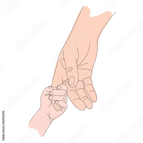 contour to the child holds the father by the finger in line art style, the concept of maternal Protection and Parental Care isolated on a white background, the mother holds the child's hand