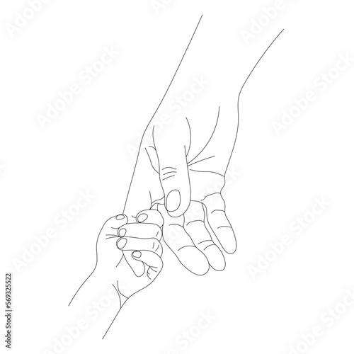 contour to the child holds the father by the finger in line art style, the concept of maternal Protection and Parental Care isolated on a white background, the mother holds the child's hand