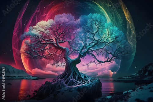 Beautiful Yggdrasil with Aurora Polar Lights. Colorful Light Halos in a Breathtaking Landscape. Generative AI
