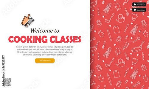 Vintage banner with red kitchen pattern, sticker with cutting board and knife, buttons, qr code and text - welcome to cooking classes! Web page, advertising poster with invitation to culinary courses