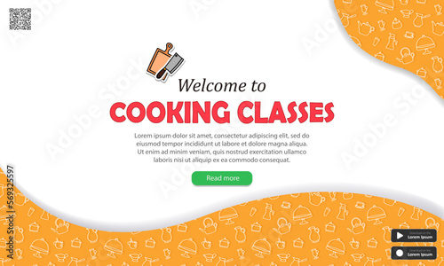 Vintage banner with yellow kitchen pattern, sticker with cutting board and knife, buttons, qr code and text - welcome to cooking classes! Advertising poster with info about culinary courses