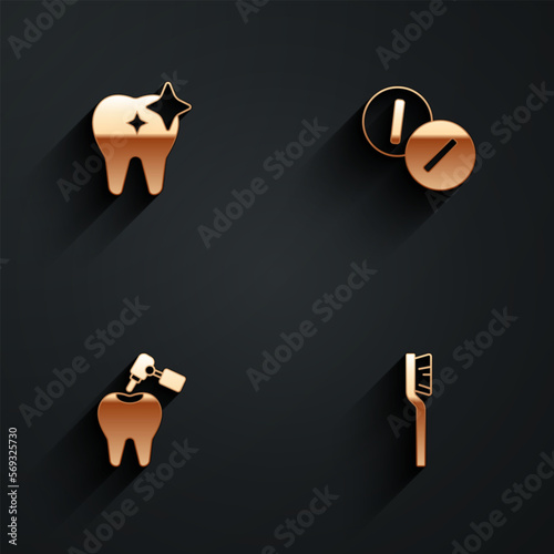 Set Tooth whitening, Toothache painkiller tablet, with caries and drill and Toothbrush icon with long shadow. Vector