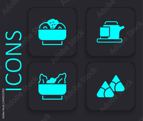 Set Zongzi in bamboo steamer, Chow mein plate, Traditional ceremony and Wonton icon. Black square button. Vector