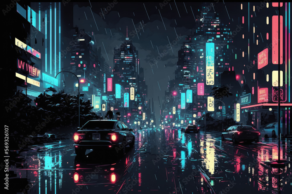 city at night in cyberpunk style created with Generative AI technology