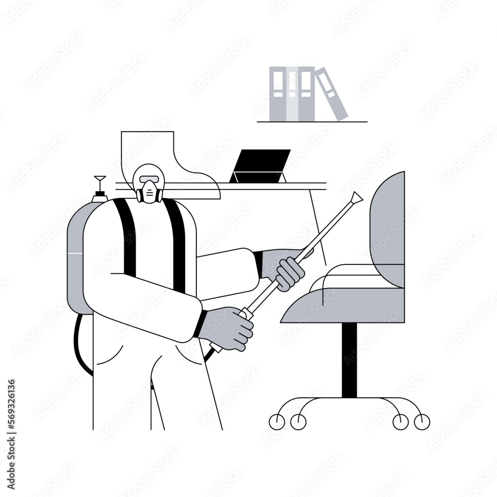 Fototapeta premium Office disinfection service abstract concept vector illustration. Clean workspace, surface sanitizing, employee safety amid covid19 pandemic, virus exposure, personal protection abstract metaphor.