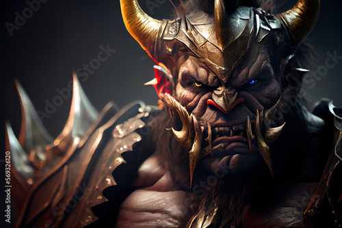 Angry orc warrior with tusks in armour portrait. Cinematic lights.
Digitally generated AI image photo