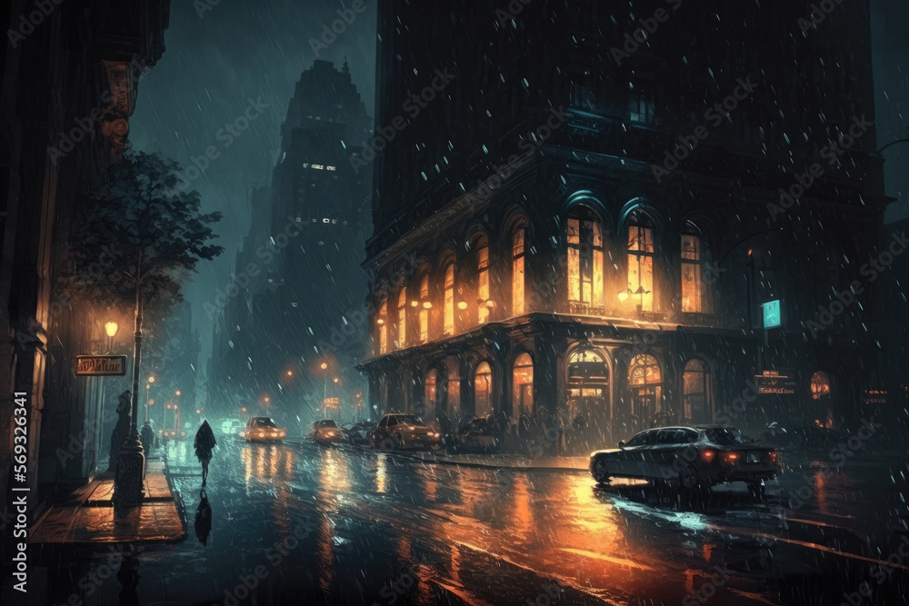 city scene in the night by rain created with Generative AI technology
