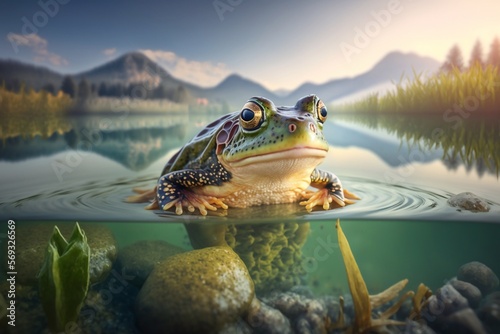 Lake green frog in the pond close-up. Generative AI photo