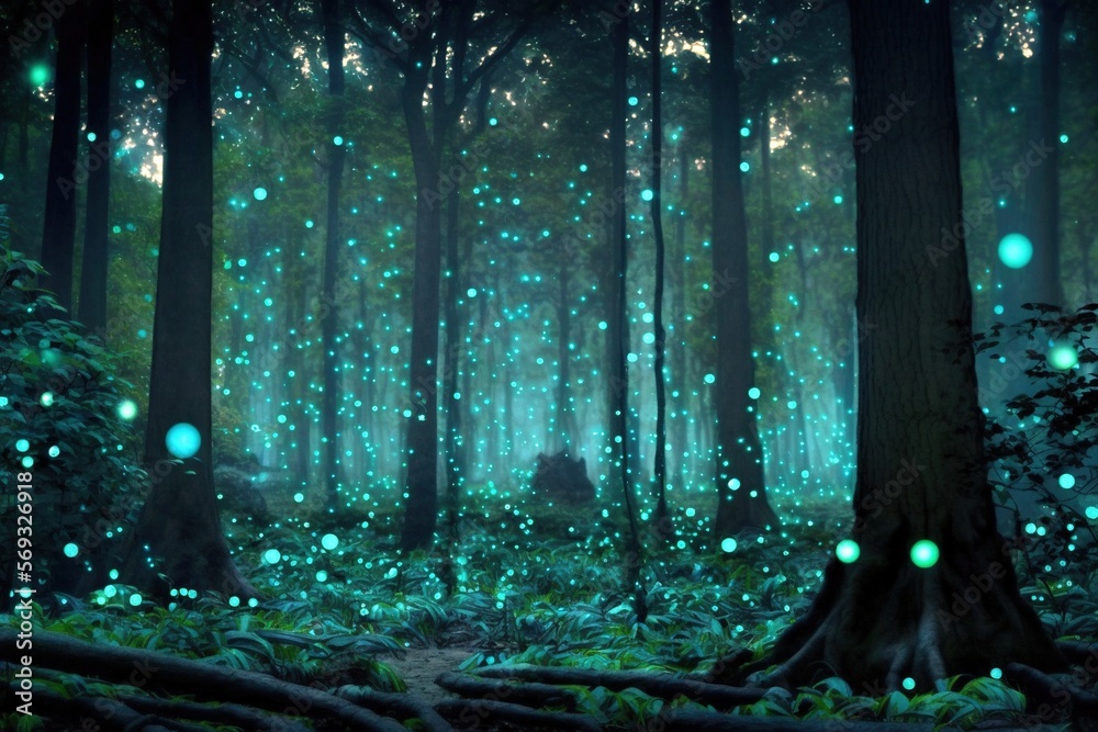 A greenish fantasy forest with sparkles, generative ai
