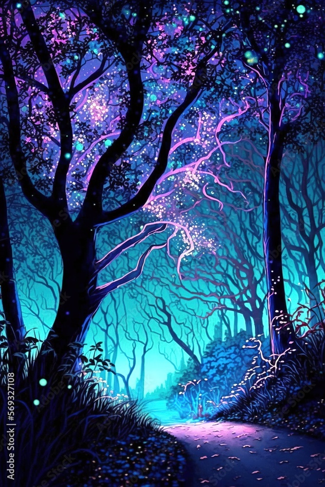 A dark forest with purple and blue lights, generative ai A dark forest with purple and blue lights, generative ai