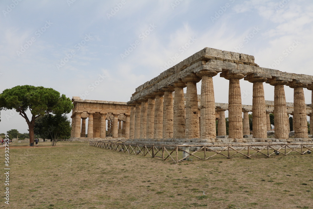 View to Temple of Hera and Temple of Poseidon in Paestum, Campania Italy