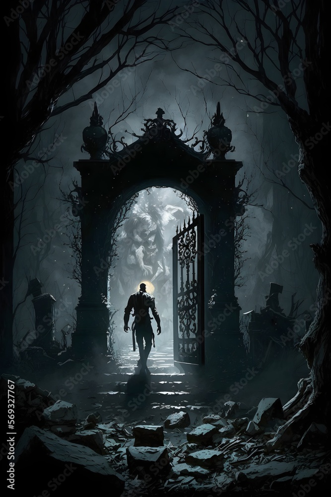 Dark Door, Scary Place, Trees, Vampire, Horror, created with Generative AI Technology