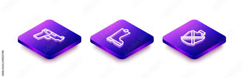 Set Isometric line Pistol or gun, Waterproof rubber boot and Canteen water bottle icon. Vector Set Isometric line Pistol or gun, Waterproof rubber boot and Canteen water bottle icon. Vector