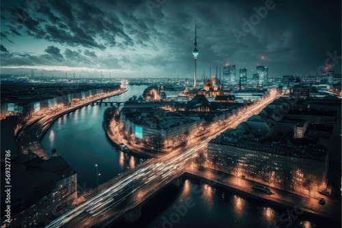 berlin skyline by night created with Generative AI technology