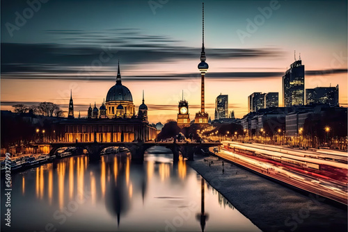 berlin skyline by night created with Generative AI technology photo
