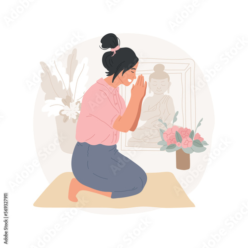 Praying isolated cartoon vector illustration. Religious Buddhist woman praying and meditating in temple, chanting mantra, Holy days, old traditional observances and practices vector cartoon.