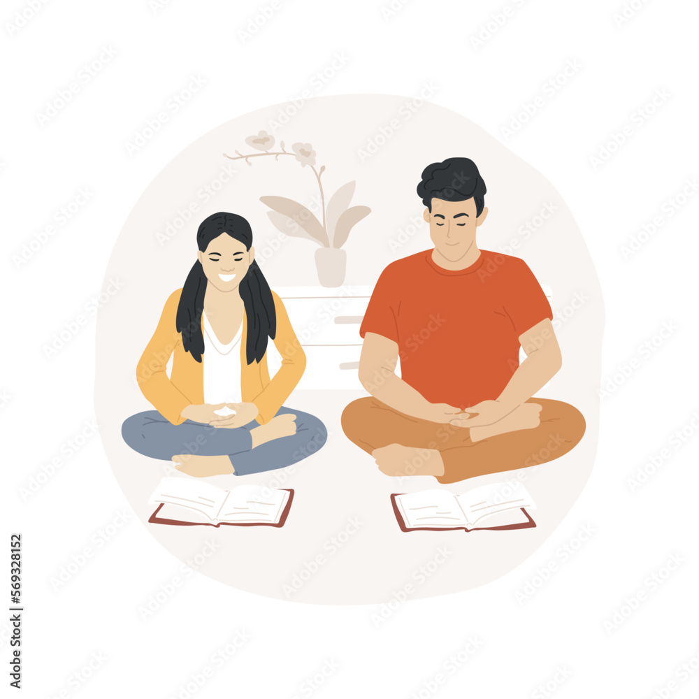 Meditate at home isolated cartoon vector illustration. Buddhist couple doing meditation, making everyday religious rituals, relaxation at home, harmony with yourself vector cartoon. Meditate at home isolated cartoon vector illustration. Buddhist couple doing meditation, making everyday religious rituals, relaxation at home, harmony with yourself vector cartoon.