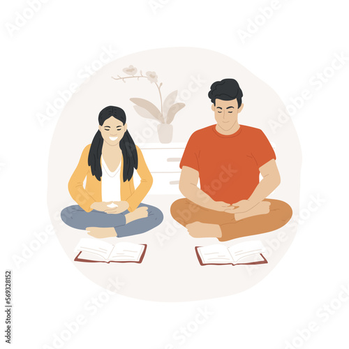 Meditate at home isolated cartoon vector illustration. Buddhist couple doing meditation, making everyday religious rituals, relaxation at home, harmony with yourself vector cartoon.