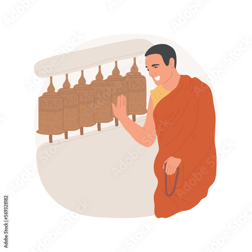 Prayer wheels isolated cartoon vector illustration. Buddhism man touching prayer wheels, religious Holy days, Tibetian observances and practices, spirituality belief vector cartoon.
