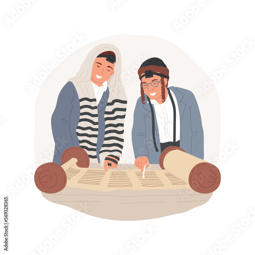 Torah reading isolated cartoon vector illustration. Jewish people reading Torah together, religious practices, Holy days, Judaism observances, synagogue, orthodox Jew vector cartoon.