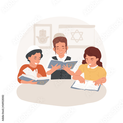 Torah study isolated cartoon vector illustration. Jewish children studying Torah together, religious Holy days, Judaism observances, old culture traditions and practices vector cartoon.