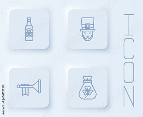 Set line Beer bottle with clover, Leprechaun, Trumpet and Money bag. White square button. Vector