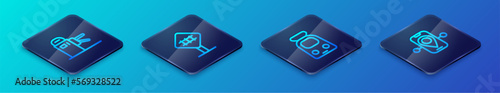 Set Isometric line Train and railway, Turnstile, Route location and Railroad crossing icon. Vector