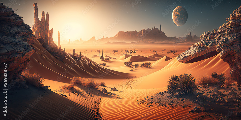 futuristic desert landscape in panorama format created with Generative AI technology