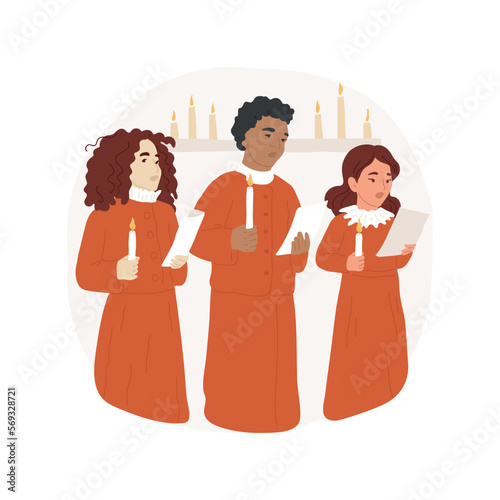 Carol service isolated cartoon vector illustration. Group of kids caroling in the church, children choir singing hymns about Christmas, religious festivals, holy days vector cartoon.