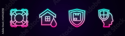 Set line Lifebuoy, House flood, Delivery security with shield and insurance. Glowing neon icon. Vector