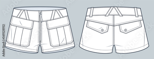 Denim low rice Shorts technical fashion illustration. Leather Short Pants fashion flat technical drawing template, front and back view, white, women, men, unisex CAD mockup.