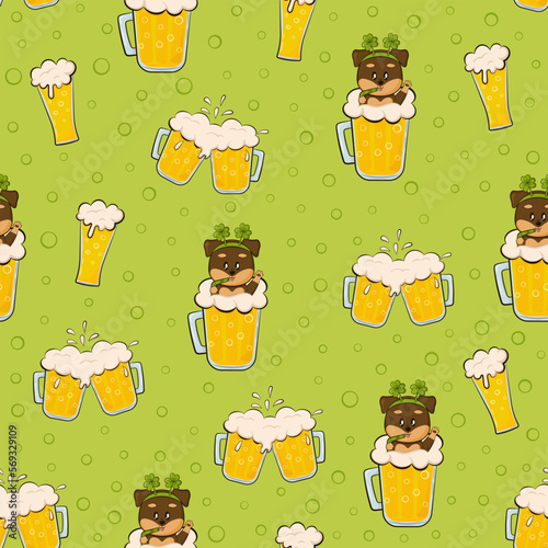 Cute pattern with dog and beer on green background for St Patricks Day party in cartoon style