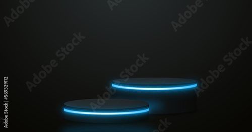 Cylinder pedestal podium. Glowing neon elements and black background. Vector rendering 3d shape for products display presentation. Pastel minimal wall scene, Studio room. Empty room background.