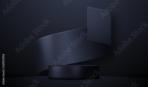 Cylinder pedestal podium. Ribbon elements and vlack background. Vector rendering 3d shape for products display presentation. Pastel minimal wall scene, Studio room. Empty room background.