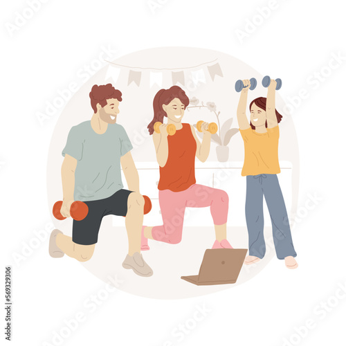 Training with weights isolated cartoon vector illustration. Young family training online with weights together, people active lifestyle, physical activity, fitness at home vector cartoon.