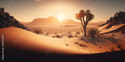 futuristic desert landscape in panorama format created with Generative AI technology