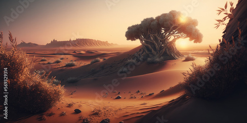 futuristic desert landscape in panorama format created with Generative AI technology © Robert Herhold
