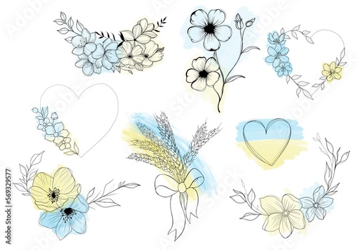 a set of sketches for a patriotic tattoo: flowers and hearts from the colors ...