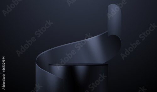 Cylinder pedestal podium. Ribbon elements and vlack background. Vector rendering 3d shape for products display presentation. Pastel minimal wall scene, Studio room. Empty room background.