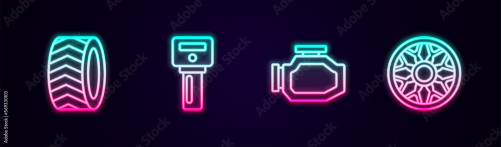 Set line Car tire wheel, key with remote, Check engine and Alloy for car. Glowing neon icon. Vector Set line Car tire wheel, key with remote, Check engine and Alloy for car. Glowing neon icon. Vector