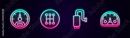 Set line Speedometer, Gear shifter, Car muffler and . Glowing neon icon. Vector