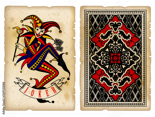 Joker playing card and backside on vintage grunge ragged paper backgound isolated on white. Vector illustration