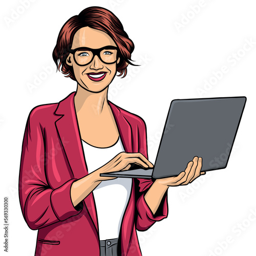 Vector illustration in popart style. Young girl is staying with a laptop isolated on white 