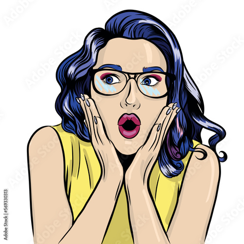 Vector illustration in popart style. Young girl is shocked and looking left on the white background