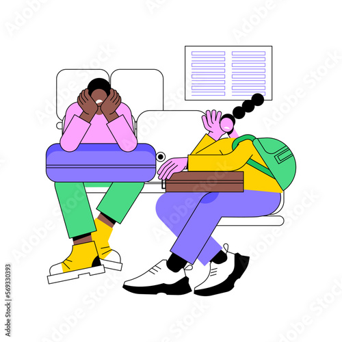 Flight delayed isolated cartoon vector illustrations. Unhappy couple waiting for departure in the airport, cancelled flights, plane boarding problem, people lifestyle vector cartoon.