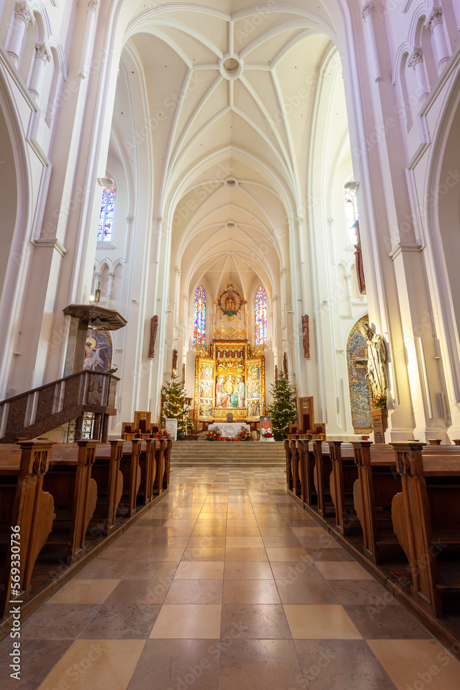 Interier of The Archcathedral Basilica of the Holy Family is a neo-Gothic, three-nave church in Czestochowa