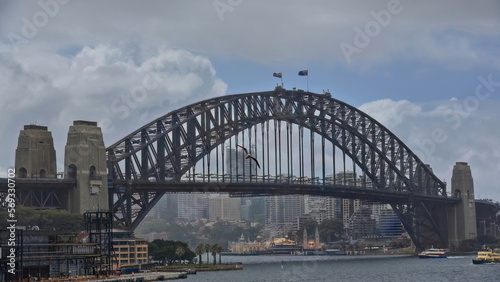 Sydney Harbour Bridge arch and pylons seen from Circular Quay railway station-misty overcast sky. NSW-Australia-480 © rweisswald