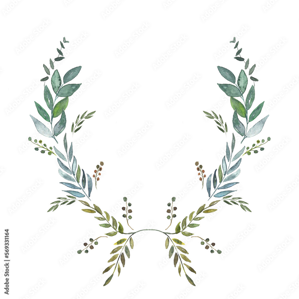 Naklejka premium Watercolor vegetation wreath, watercolor leaves watercolor wreath of greenery, spring. invitation to the wedding. Leaf invitation