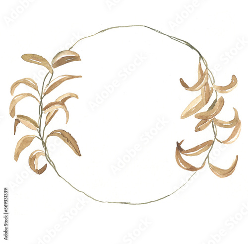 watercolor wreath with brown leaves. Watercolor invitation design with leaves, round geometric frame. leaves isolated on white background. Botanical illustration perfect for design greetings, prints